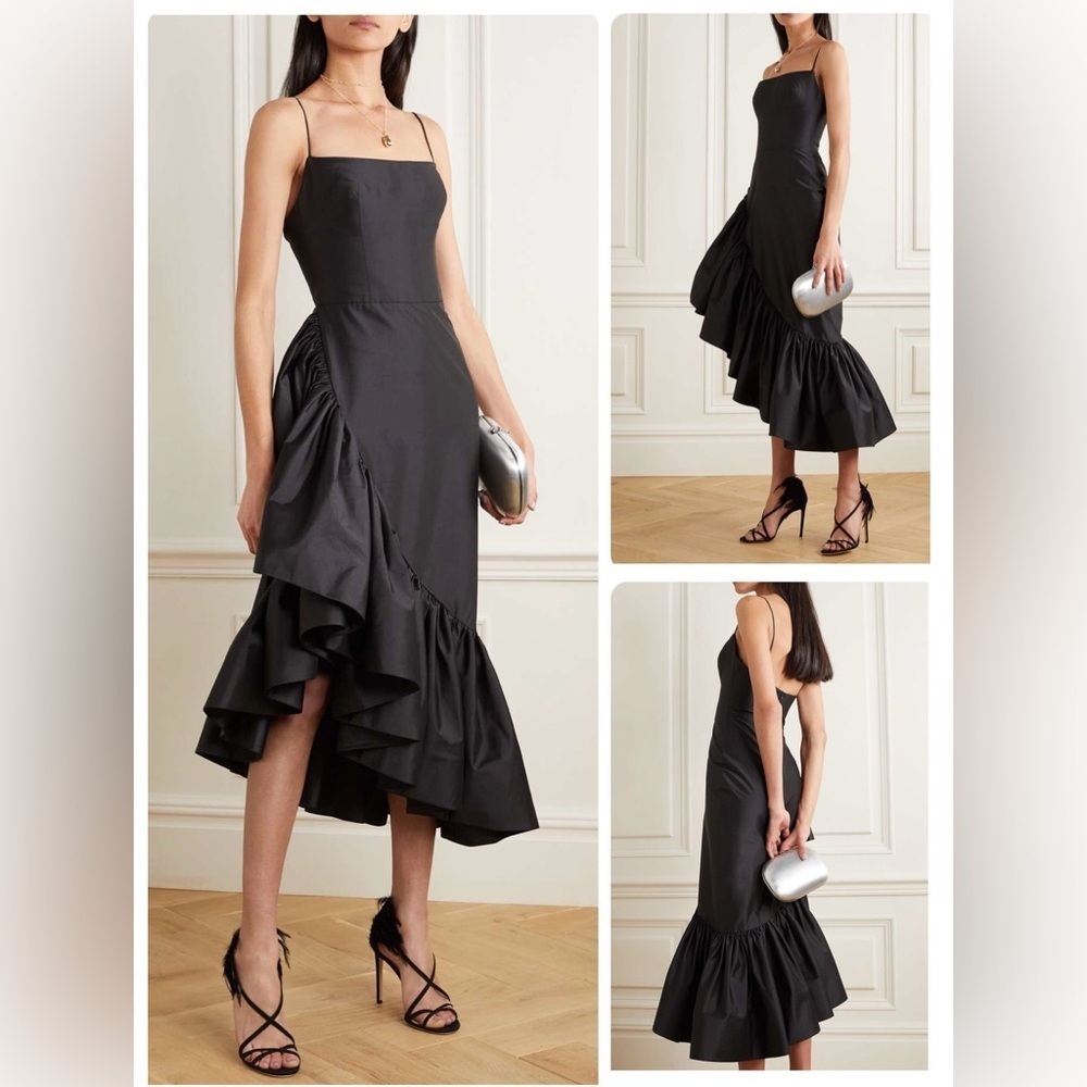NWT Rasario Ruffled Asymmetric Silk Shantung Midi Dress Black IT 36 (US 0) - Picture 2 of 15